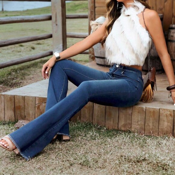 Dark Wash Casual Women's Pocket Design Skinny Flared Jeans - Picture 4 of 6